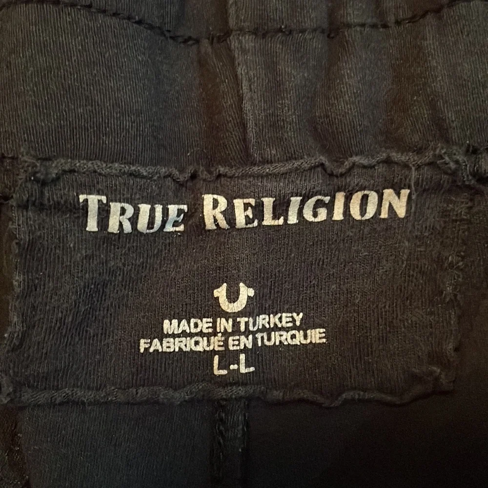 True Religion knit shorts. Large. Black. Metal logo. Some wear